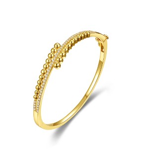 Guili Sterling Silver 14K Yellow Gold Plated Pave Milgrain Ball-Bead Bypass Bangle Bracelet with Sparkling Cubic Zirconia for Elegant Appeal - 1 of 3