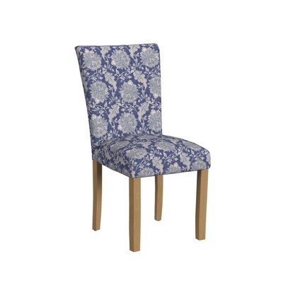 Blue Floral Upholstered Parsons Side Chair with Wood Legs, Set of 2