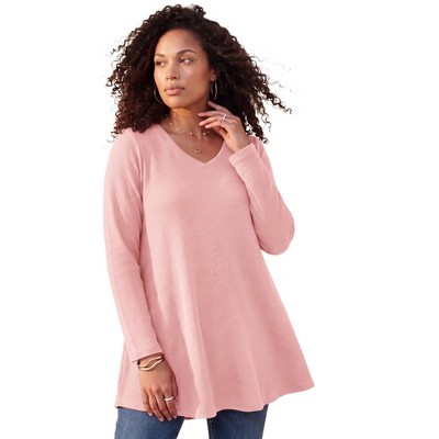 Roaman's Plus Size Knit Thermal V Neck Swing Tunic – Long Sleeve