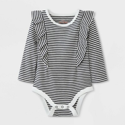 Image of Baby Girls' Ruffle Striped Long Sleeve Bodysuit - Cat & Jack™ White/Black 0-3M