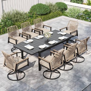 Captiva Designs 9pc Patio Extendable Steel Dining Table and Swivel Wicker Chairs with Thick Cushions - 1 of 4