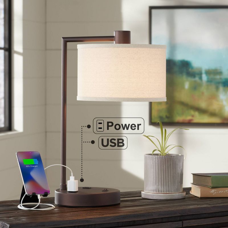 360 Lighting Colby Modern Desk Lamp 21" High Bronze with USB and AC Power Outlet in Base White Linen Drum Shade for Bedroom Living Room Office Family, 2 of 10