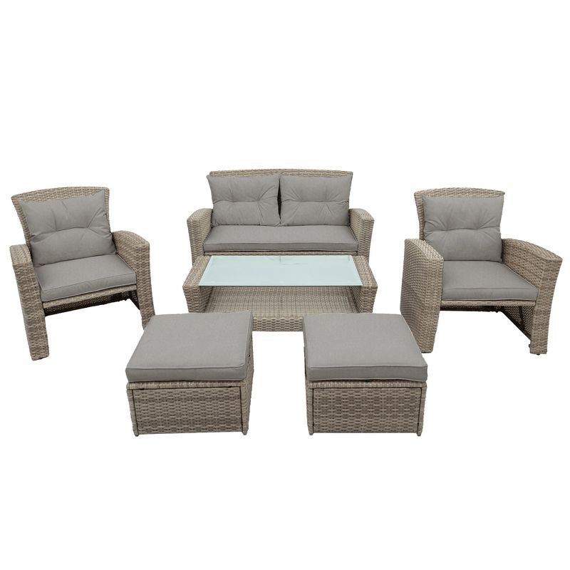Eden 6 Piece Outdoor Conversation Set All Weather Wicker Sectional Sofa with Ottoman and Cushions Patio Furniture Set-Maison Boucle, 2 of 11