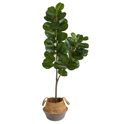 Nearly Natural 4.5-ft Fiddle Leaf Fig Artificial Tree with Boho Chic Handmade Cotton and Jute White Woven Planter