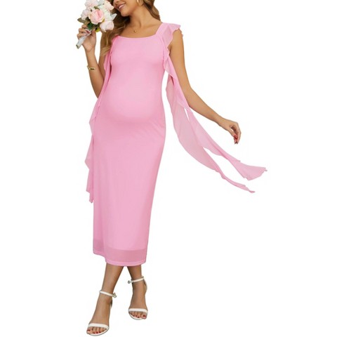 Женские платья INSPIRE CHIC Women's Maternity Dress Mesh Wedding Guest Sleeveless Flowy Ruffle Cocktail Party Midi Photoshoot Dresses Large Pink