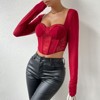 Coolmee Womens Summer Long Sleeved Mesh Tops Patchwork Lace See Through Fishbone Tight And Sexy Short Shirt Blouses Burgundy L - 3 of 4