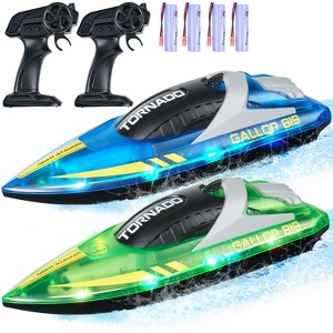2-Pack RC Racing Boats for Kids & Adults, 12 km/h, LED Lights, 4 Batteries, Waterproof Remote Boats - 1 of 4