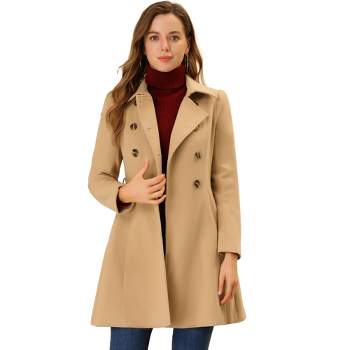 Allegra K Women's Winter Overcoat Turn Down Collar Belted Double Breasted Long Coat