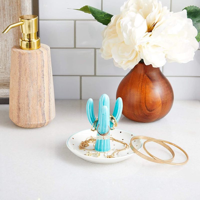 Okuna Outpost Cactus Ring Holder For Jewelry, Organizer Dish for Women, Wedding Decor, Birthday Gift, Earrings, Necklace, Bracelet (Teal, 5x4 in), 3 of 9