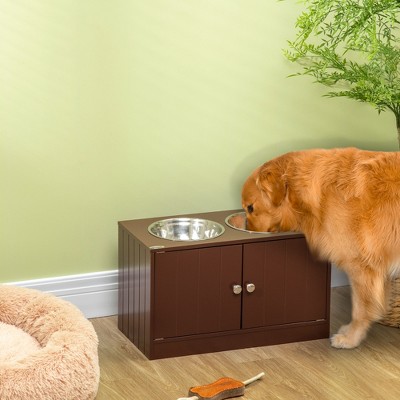 Brown Elevated Dog Feeding Station with Stainless Steel Bowls and Storage
