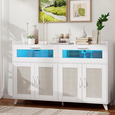 Whizmax Sideboard Buffet Cabinet With Power Outlet & LED Light, Kitchen Storage Cabinet With 2 Fluted Drawers & 4 Rattan Doors,for Kitchen,Dining Room