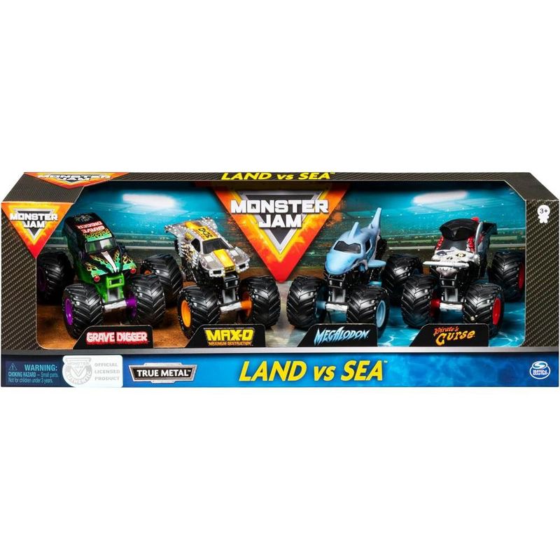 Monster Jam, Land vs. Sea 4 Pack (Grave Digger, Max-D, Megalodon, and Pirate’s), 1:64 Scale Die-Cast Vehicles, 3 of 4