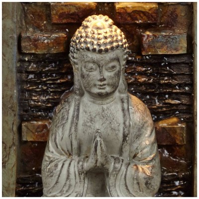 Zen Buddha Gray and Brown Fiberglass Tabletop Water Fountain with LED Light