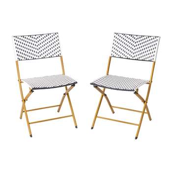 Emma and Oliver Set of Two Folding French Bistro Chairs in PE Rattan with Metal Frames for Indoor and Outdoor Use