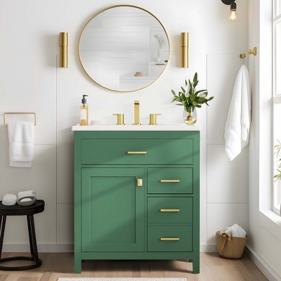 NicBex 30" Bathroom Vanity with Sink, Bathroom Cabinet Storage, 1 Soft Closing Cabinet Doors with Adjustable Shelves, 3 Drawers for Bathroom, Green