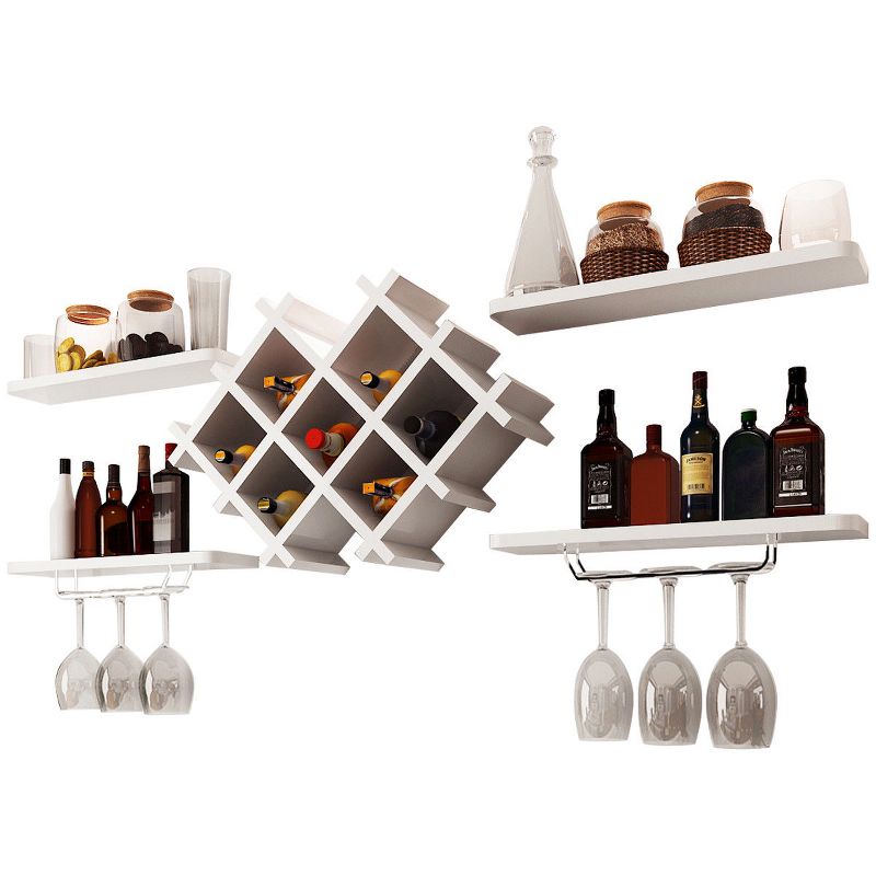 Tangkula Set of 5 Wall Mount Wine Rack Set Storage Shelves and Glass Holder White, 4 of 11