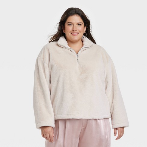 Women's Faux Fur Quarter Zip Sweatshirt - A New Day™ White XXL