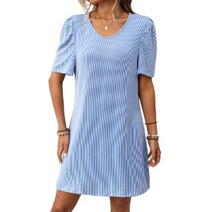 Womens Striped Summer Casual Dress Textured Shift Dres Mini Length V Neck with Short Peasant Sleeve Irregular Tiny Stripe Sundress - 1 of 4