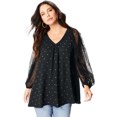 Roaman's Women's Plus Size Lace And Georgette Rhinestone Top.