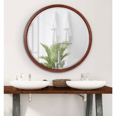 Walnut Brown Round Wood Bathroom Vanity Mirror