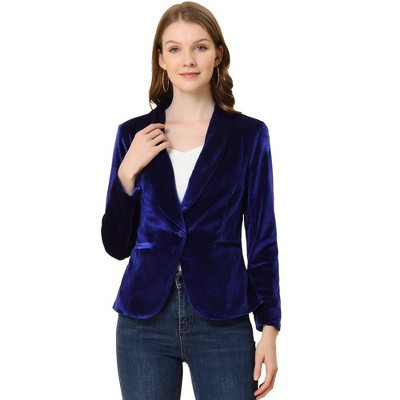 INSPIRE CHIC Women's Office Solid Shawl Collar Jetted Pockets One Button Velvet Blazer