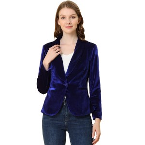 INSPIRE CHIC Women's Office Solid Shawl Collar Jetted Pockets One Button Velvet Blazer - 1 of 4