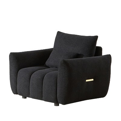 Vynxaria Modern 36.8" Teddy Fabric Sofa Chair, Black, Sturdy Solid Wood Frame, High-Resilience Sponge, Curved Backrest