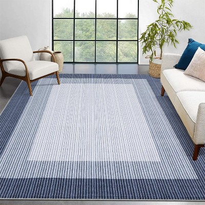 Machine Washable Runner Rug Modern Border Low Pile Non-Shedding Soft Gradient Faux Wool Print Entryway Bathroom