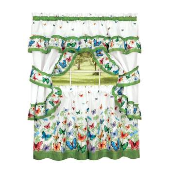Collections Etc Butterfly Ruffled Tier Window Curtain Set with Sage Green Trim- Includes 2 Panels, 2 Tie Backs, and Swag Valance