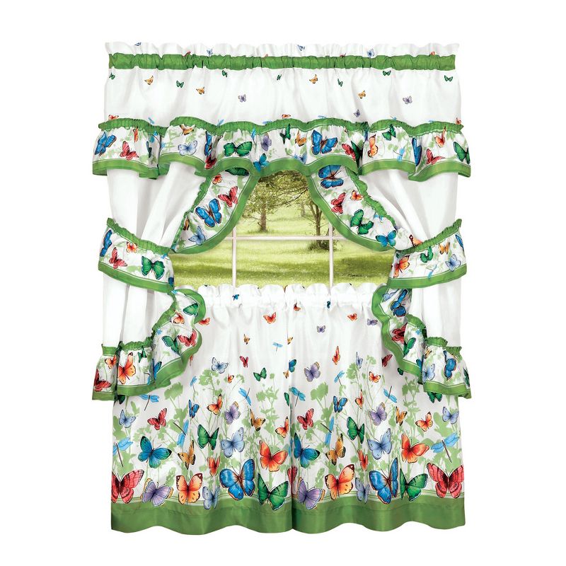 Collections Etc Butterfly Ruffled Tier Window Curtain Set with Sage Green Trim- Includes 2 Panels, 2 Tie Backs, and Swag Valance, 1 of 3
