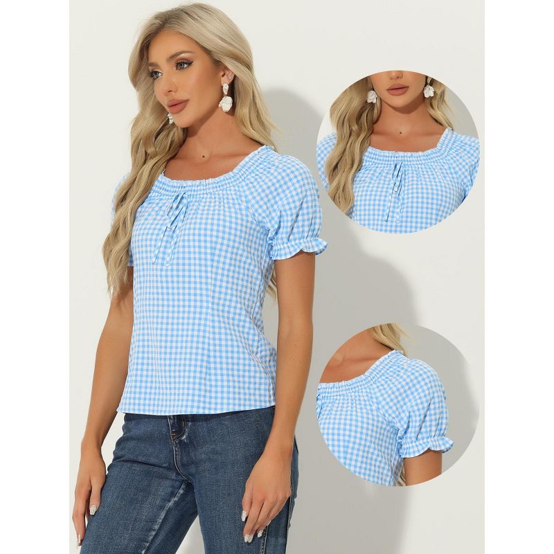 Allegra K Woman's Peasant Round Neck Ruffles Puff Sleeve Gingham Plaid Blouse, 2 of 6