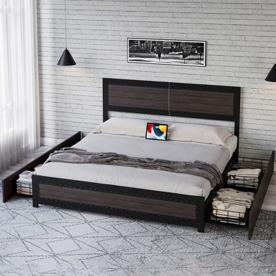 Whizmax Bed Frame with Headboard, Industrial Platform Bed Frame with 4 Storage Drawers and Charge Station, Metal Slats Support, No Box Spring Needed