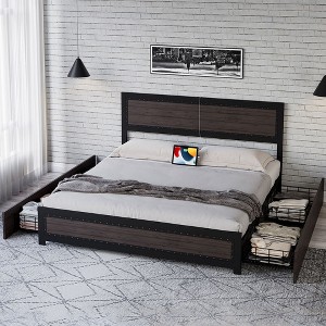 Whizmax Bed Frame with Headboard, Industrial Platform Bed Frame with 4 Storage Drawers and Charge Station, Metal Slats Support, No Box Spring Needed - 1 of 4