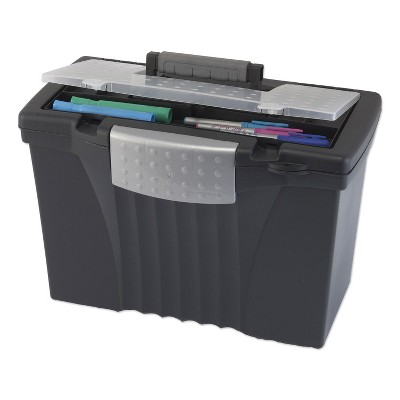 Black Plastic Portable File Box with Organizer Lid
