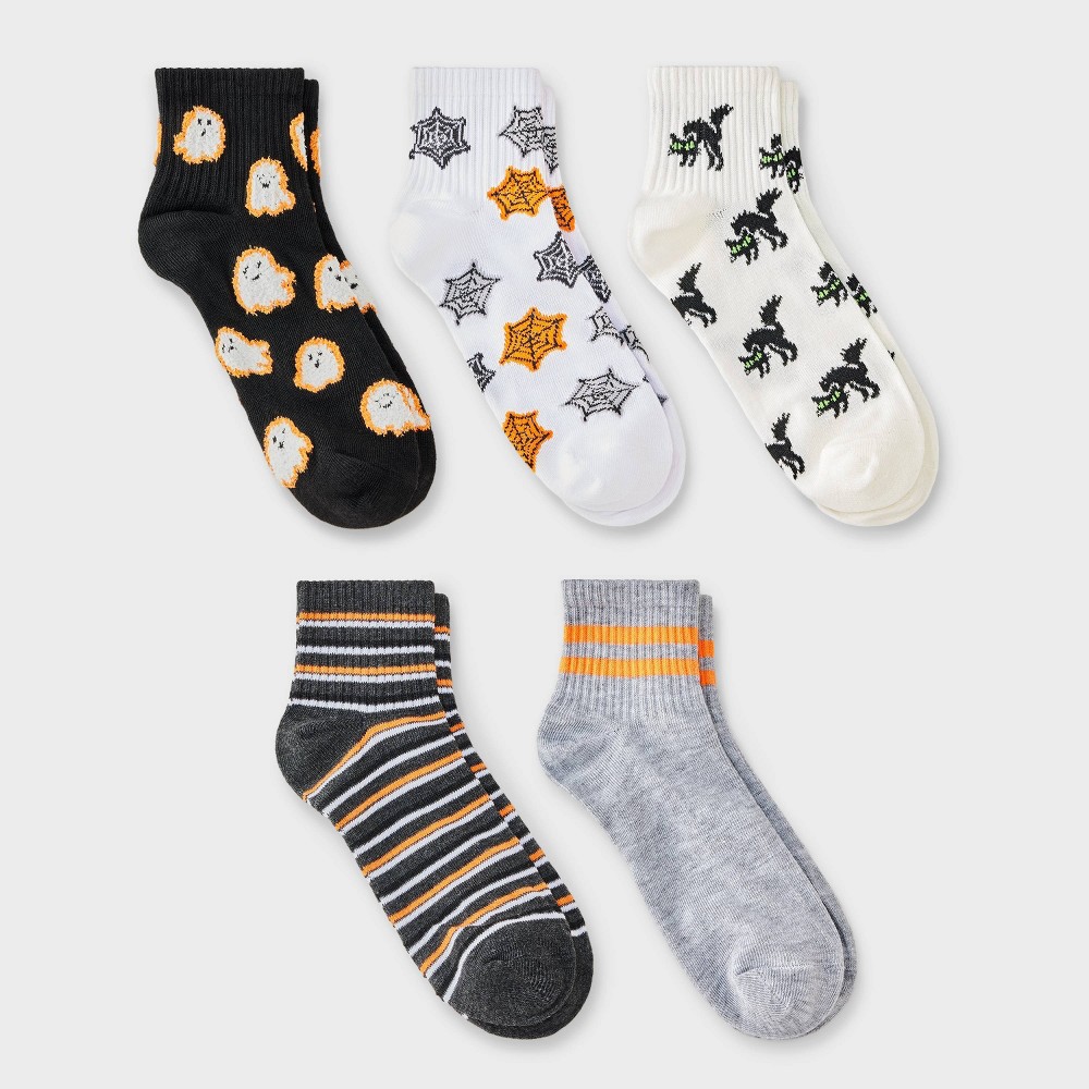 Women's 5pk Spooky Halloween Icon Ribbed Ankle Socks - Hyde & EEK! Boutique™ Gray/Orange/Black 4-10