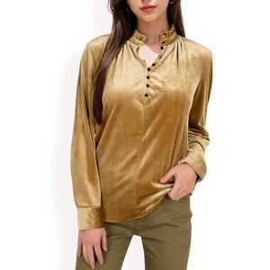 Anna-Kaci Women's Velvet Long Sleeve Blouse with Ruffled Collar and Button Detail - 1 of 4