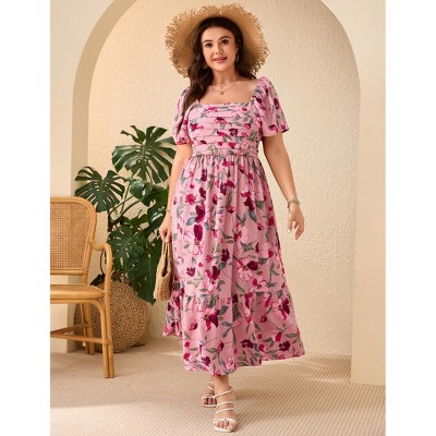 YESFASHION Women Plus Size Maxi Dress Floral Casual Dress Short Sleeve Long Dress Ruffle Pleated High Waist Square Neck Summer Dress