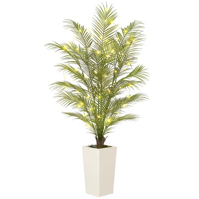 Fake Palm Tree Faux Areca Palm Plants with Full Lifelike Palm Leaves Fake Tropical Palm Tree with Tall Trapezoidal Prism White Pot