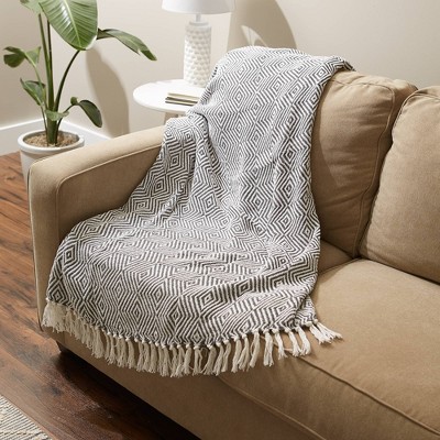 Gray and White Cotton Geometric Throw Blanket with Fringe