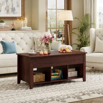 Yukimo Wood Lift Top Coffee Table with Storage - Modern Rectangle Table, Iron Lifting Mechanism, Hidden Compartment + 3 Lower Open Shelves