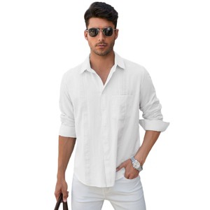 Men's Casual Cotton Linen Button Down Shirts Cuban Guayabera Shirt Long Sleeve Summer Beach Tops - 1 of 4