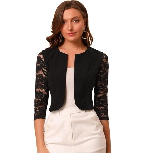 INSPIRE CHIC Women's Work Floral 3/4 Lace Trim Sleeves Open Front Bolero Shrug - 1 of 4