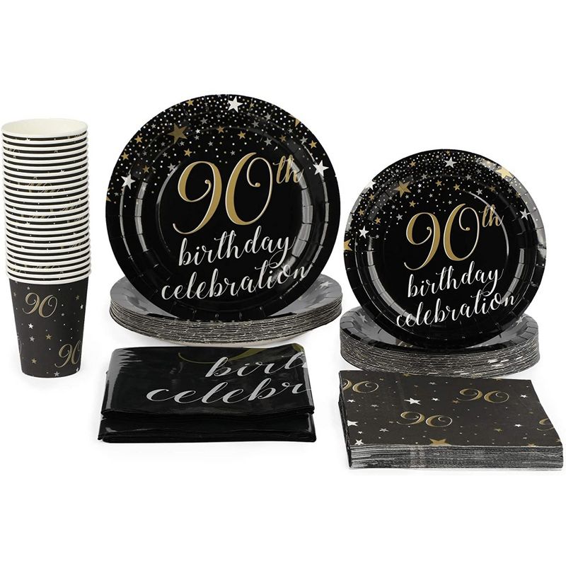 Sparkle and Bash 90th Birthday Party Supplies and Decorations for 24 Guests, Black and Gold Plates, Napkins, Cups, Tablecloths, Banner, 3 of 10