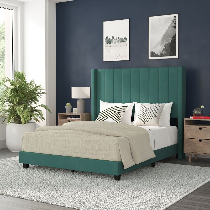 Flash Furniture Bianca Upholstered Platform Bed with Vertical Stitched Wingback Headboard, Slatted Mattress Foundation, No Box Spring Needed, 2 of 12