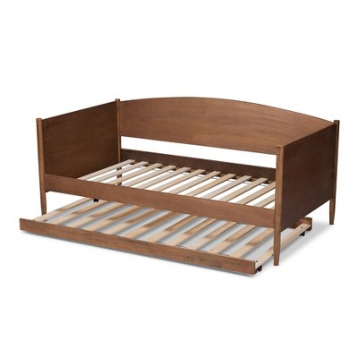 Twin Ash Walnut Wood Daybed with Trundle and Headboard
