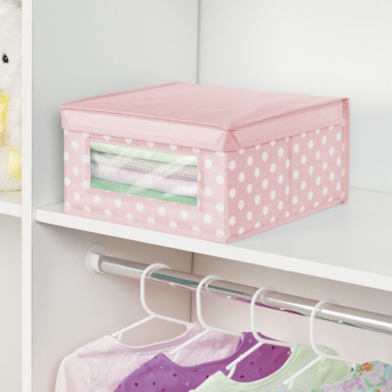 mDesign Medium Fabric Nursery Box with Lid/Window, 4 Pack, Pink/White Polka Dot, 3 of 10