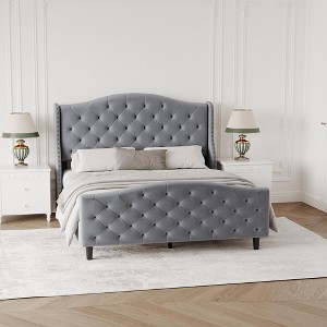 Queen Size Bed Frame with Headboard, Button Tufted Wingback Headboard, Wood Slat Support, No Box Spring Needed, Easy Assembly - 1 of 4