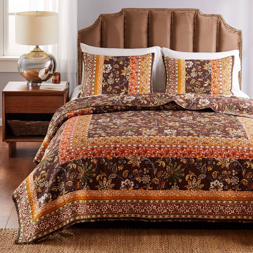Photos - Bed Linen Greenland Home Fashions 3pc Full/Queen Audrey Quilt Set Chocolate: Microfiber, Zipper Shams, Machine Washable 