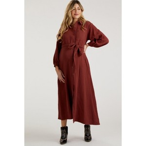 PinkBlush Rust Gauze Belted Shirt Maternity Midi Dress - 1 of 4