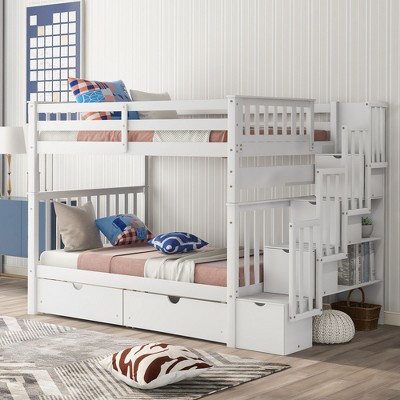 NicBex Full over Full Bunk Bed Convertible Wooden Bed Frame with Storage Stairs, Shelves, Drawers and Guardrail, No Box Spring Required